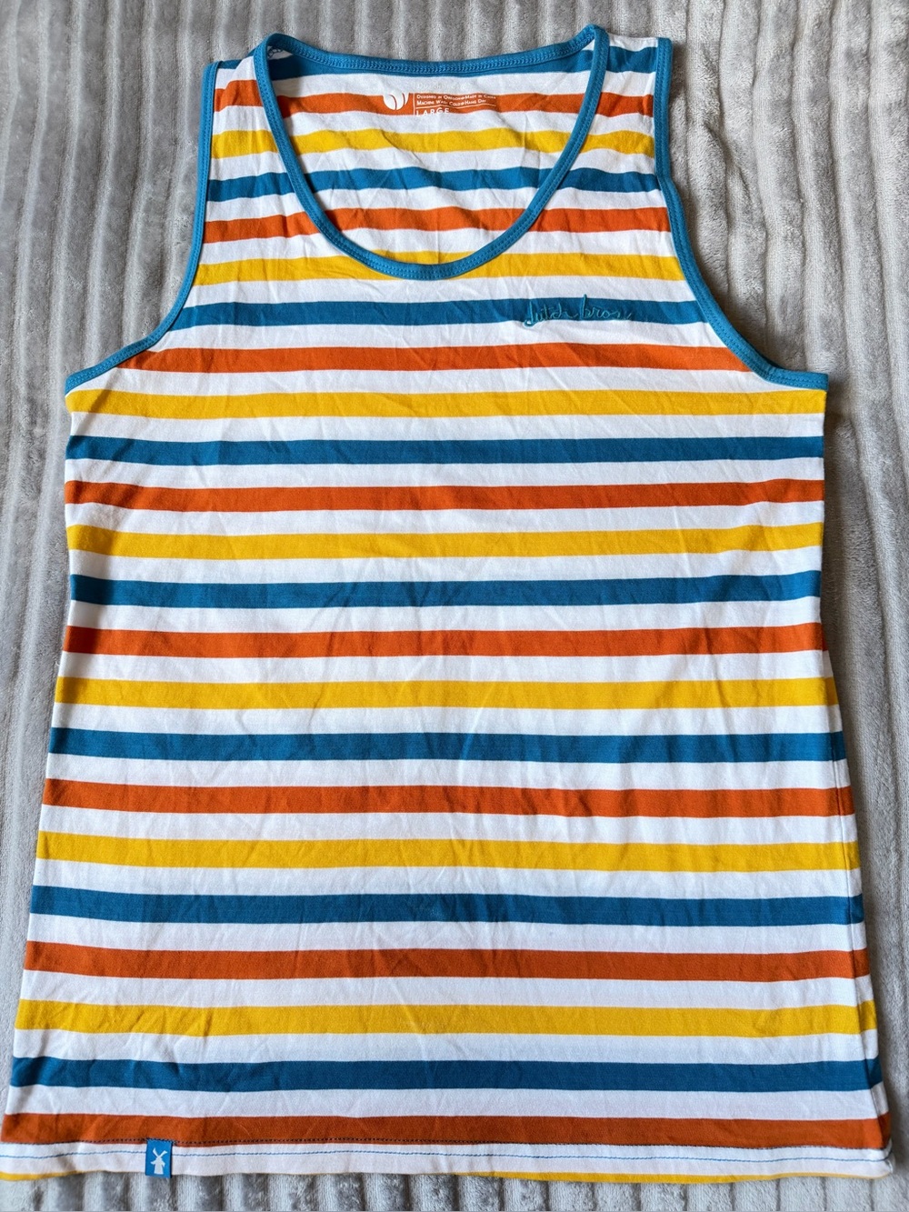 Dutch Bros Coffee Rainbow Stripe Tank Top Large Oregon Logo 100% Cotton